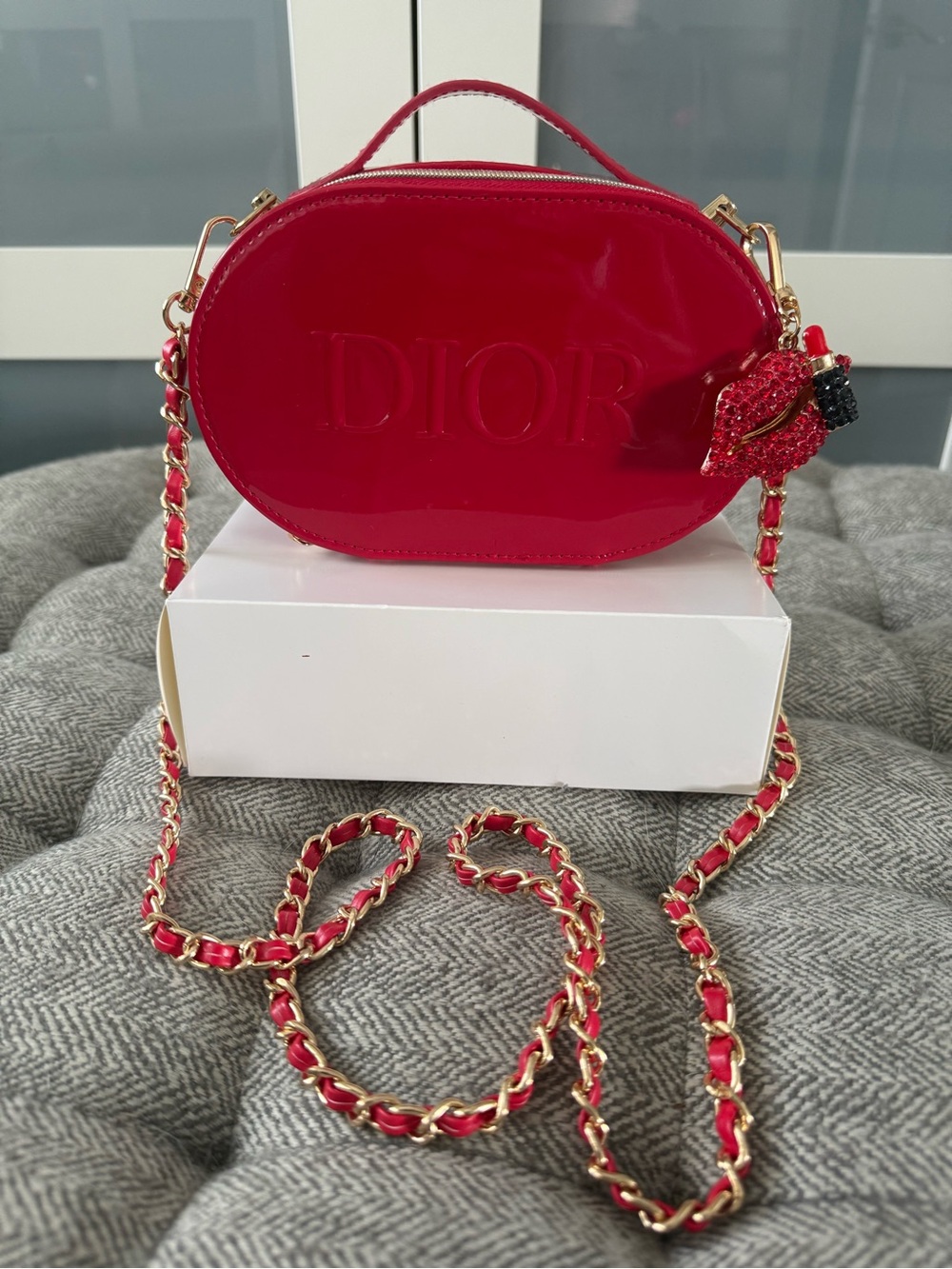Dior Patent Red Oval Crossbody with Gold Chain